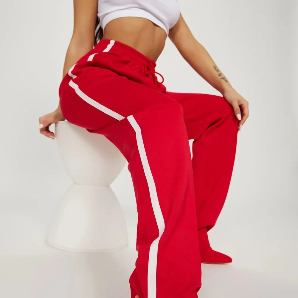 Stylish Red Track Pants with White Stripes - Picture 1 of 2